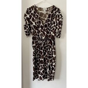 Donna Morgan Women's Brown White Animal Print Sheer Belted Wrap Dress Size 12‎